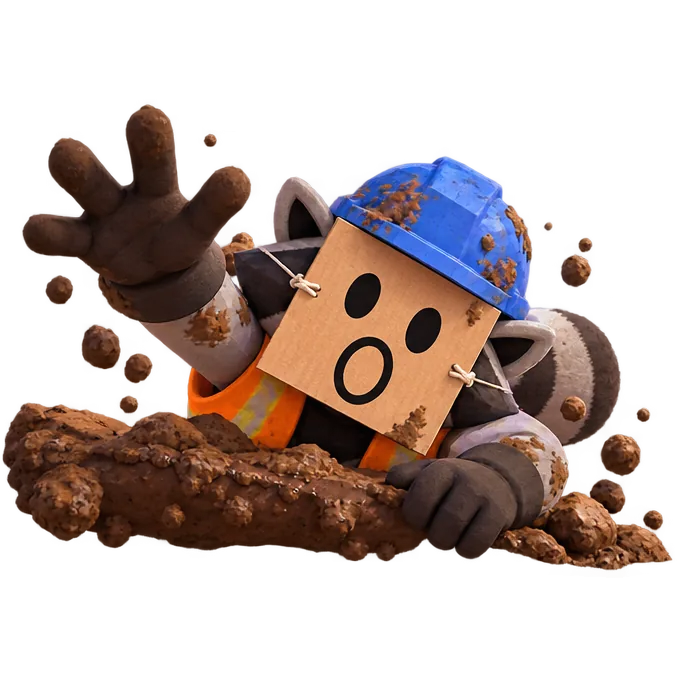 Crew member in a blue hard hat half buried in mud, waving for help