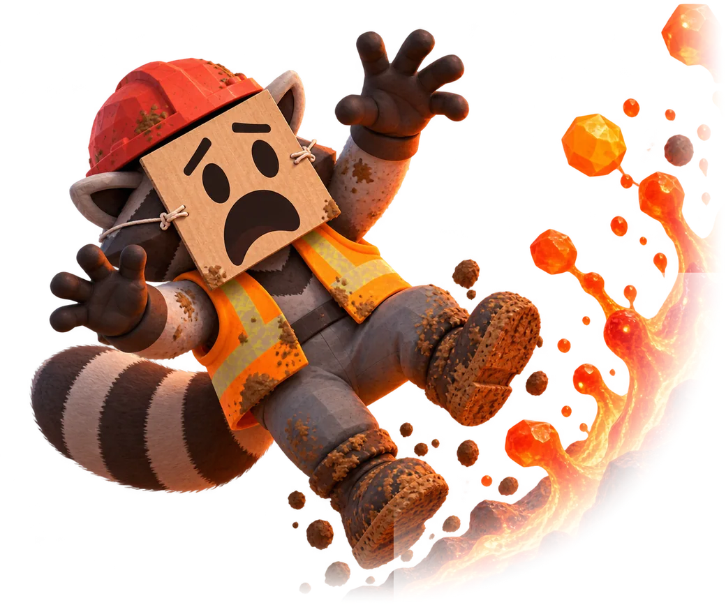 Crew member in a red hard hat falling backwards away from a splash of lava